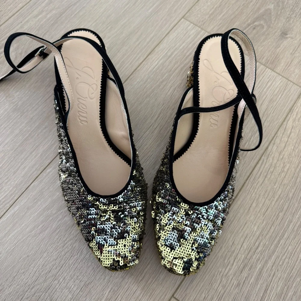 J.Crew Sequin Ankle Strap Pumps Gold Silver Block Heel 8.5 H2647